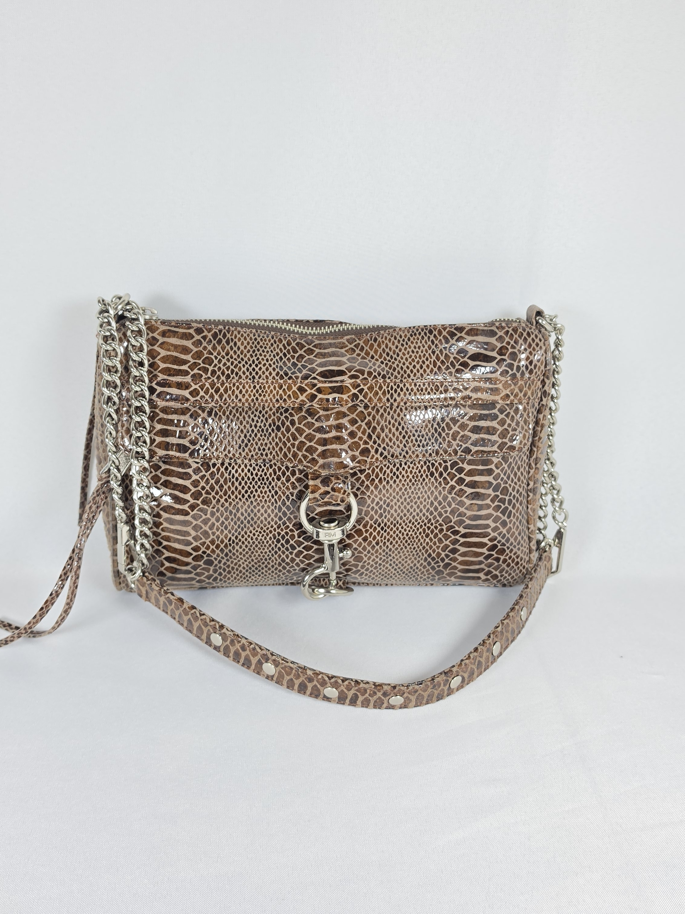 Rebecca Minkoff Brown Snake Embossed Mac Bag Silver Chain Crossbody Clutch